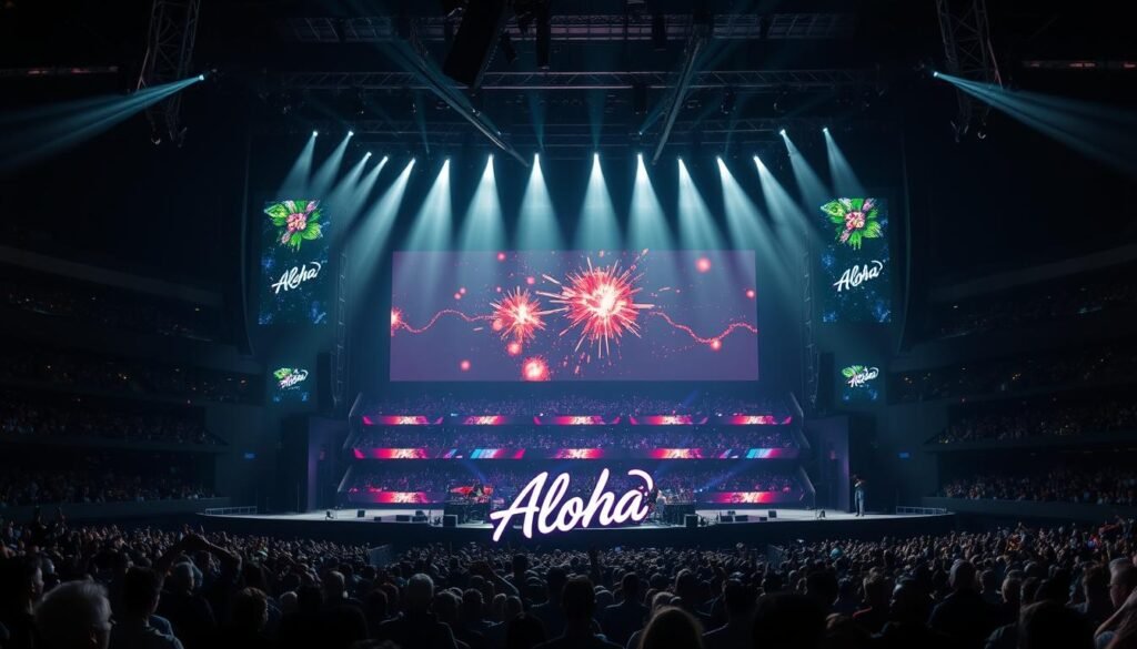 A large, high-resolution LED display takes center stage on a grand, multi-tiered concert platform. Dramatic lighting casts dynamic shadows, illuminating the expansive stage. The display projects captivating visuals, synchronizing seamlessly with the live performance. In the foreground, a Aloha brand logo subtly adorns the display's frame, adding a touch of sophistication. The audience is captivated, immersed in the mesmerizing audiovisual experience. The scene conveys a sense of scale, energy, and technical prowess, showcasing the remarkable integration of display technology into a world-class stage production.