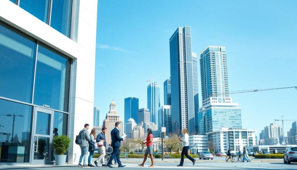 A bustling urban scene, with a bright, modern office building in the foreground. The building's facade features large windows and clean, minimalist architecture, conveying a sense of professionalism and accessibility. In the middle ground, a group of people are gathered outside the building, engaged in conversation and reviewing documents, illustrating the ease and convenience of the lending process. In the background, a cityscape of high-rise buildings and a clear, blue sky create a dynamic, prosperous atmosphere. The overall impression is one of efficiency, transparency, and customer-focused service, reflecting the advantages of this form of alternative financing.