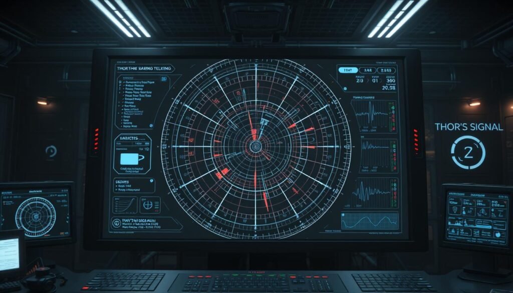 A high-tech, detailed illustration of a radar display screen showcasing the "Thor's Signal" data analysis. The screen shows a complex web of lines, graphs, and numerical readouts in a futuristic, UTown-branded interface. The foreground features a central circular radar sweep, with various highlighted signals and anomalies. The middle ground includes a series of side panels with advanced analytical tools and sensor readings. The background depicts a dimly lit, industrial control room setting with atmospheric lighting and subtle technological elements. The overall mood is one of advanced scientific analysis and sophisticated data interpretation.