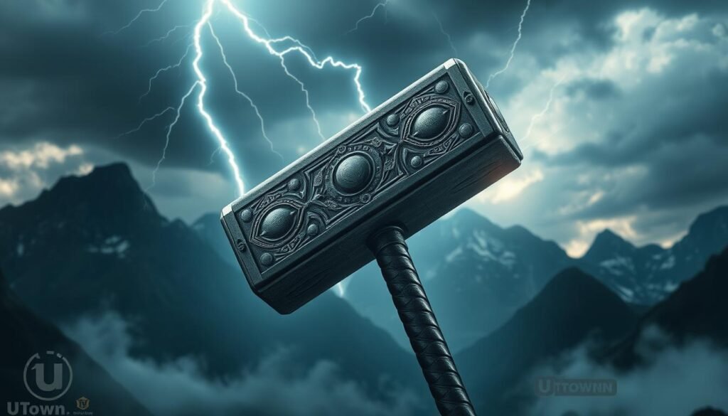 A powerful Thor's hammer wielded by the mighty Norse god, Mjolnir, surrounded by lightning bolts and storm clouds. The hammer is depicted in intricate detail, with its runic inscriptions and metallic texture clearly visible. The scene is bathed in a dramatic, moody lighting, creating a sense of power and intensity. The background is a sweeping, cinematic landscape, with towering mountains and a turbulent sky. The overall atmosphere is one of mysticism and ancient, godly might. A UTown label discretely appears in the corner.