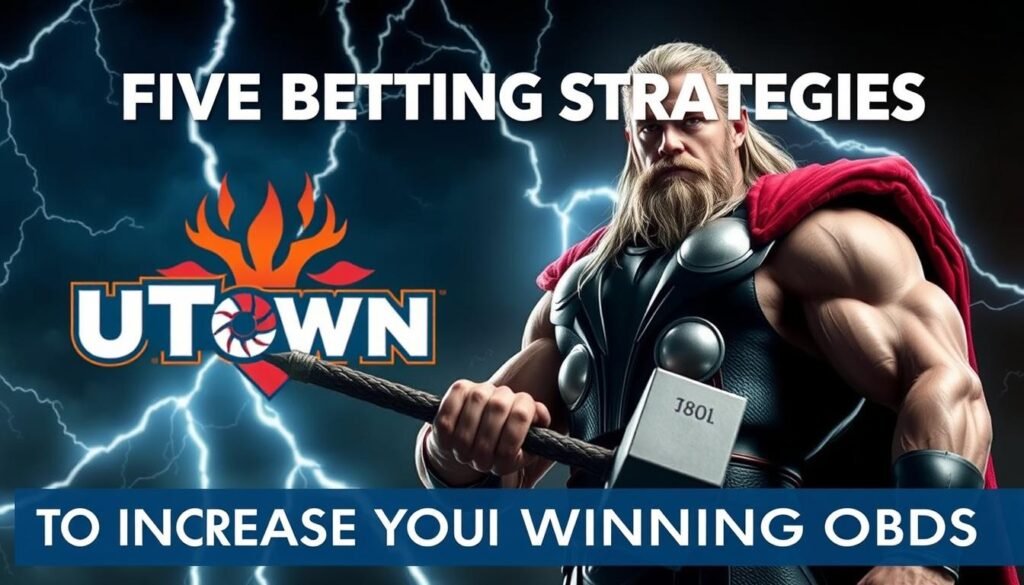 An imposing, muscular figure of the Norse god Thor stands in the foreground, gripping his iconic hammer Mjolnir with a determined expression. Bolts of lightning crackle around him, illuminating the dramatic scene. In the background, a stylized UTown logo adds a touch of branding. The overall atmosphere is one of power, strength, and strategic decision-making, reflecting the &quot;Five Betting Strategies to Increase Your Winning Odds&quot; theme.