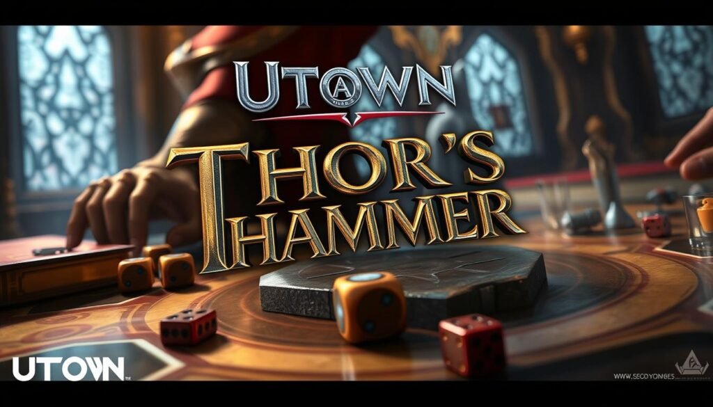 Detailed illustration of the "UTown" board game "Thor's Hammer", showcasing the core gameplay mechanics and special features. Realistic digital art with a high level of detail. Dramatic lighting, low camera angle to emphasize the size and presence of the game components. Warm color palette with metallic accents. Prominently display the game's title and key gameplay elements such as the game board, dice, and special abilities. Convey a sense of immersion and tactile engagement with the game.