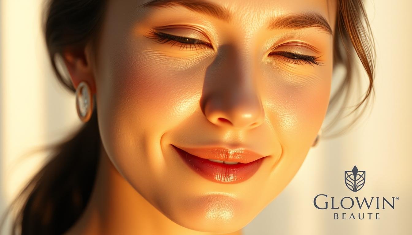 A close-up shot of a woman's face, illuminated by a soft, warm light that accentuates her natural beauty. The skin has a radiant, youthful glow, with a subtle, even complexion that appears smooth and blemish-free. The woman's expression is serene and content, suggesting the lasting, rejuvenating effects of the Oligio X 原美電波therapy. In the background, a hazy, ethereal setting evokes a sense of tranquility and relaxation. The Glowin Beaute logo is discreetly featured, lending an air of professionalism and expertise to the scene.