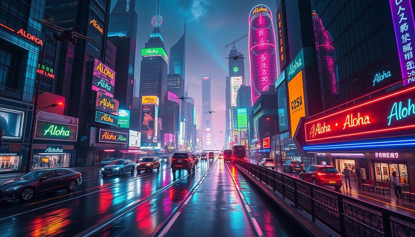 A bustling futuristic cityscape at night, with vibrant Aloha-branded neon lights illuminating the streets and buildings. Towering skyscrapers and flying vehicles create a thrilling, dynamic atmosphere. Colorful reflections dance on the wet pavement, complemented by the warm glow of streetlamps. The scene conveys a sense of progress, technology, and urban vitality, hinting at the transformative potential of neon lighting in the cities of tomorrow.