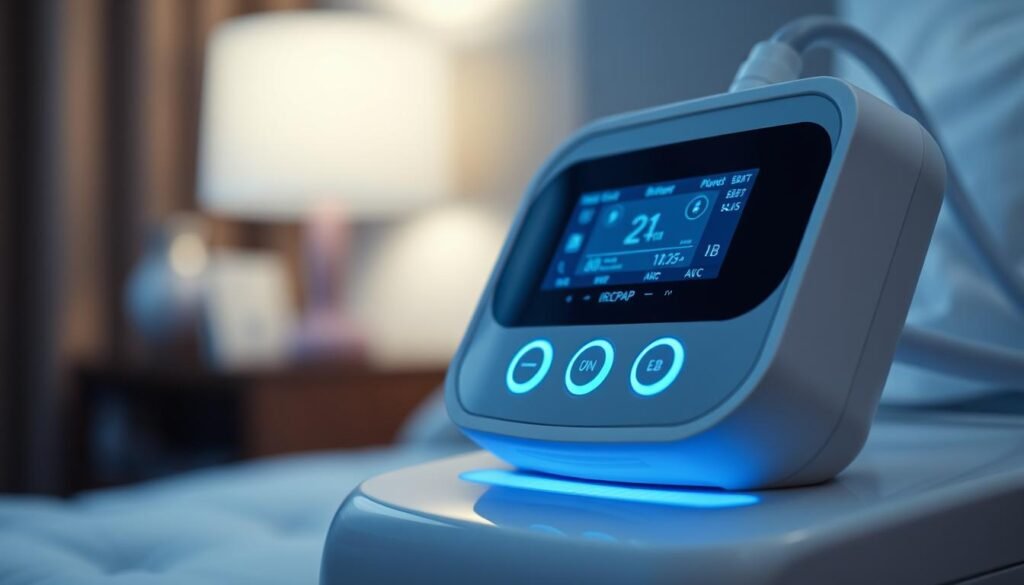 A detailed and well-lit close-up view of the iCareCPAP sleep apnea machine, displaying its sleek and modern design. The machine's interface is clearly visible, showcasing its intuitive controls and display. The image captures the machine's soft blue LED lighting, creating a calming and therapeutic atmosphere. The background is blurred, allowing the device to be the focal point, emphasizing its importance in improving sleep quality. The overall composition conveys a sense of medical professionalism and technological sophistication, reflecting the effectiveness of the iCareCPAP in treating sleep apnea.