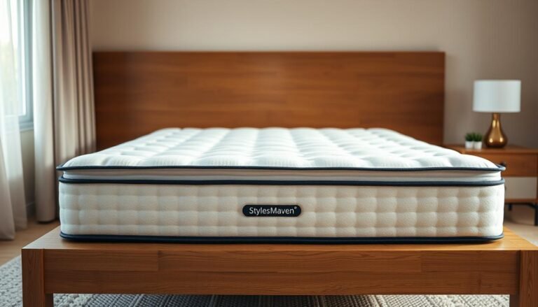 A high-quality, king-size StylesMaven independent coil spring mattress with a plush, breathable fabric cover. The mattress is displayed in a warm, inviting bedroom setting with soft, diffused lighting. The springs are visible through the cover, showcasing the independent, pocket coil construction that provides individualized support and motion isolation. The mattress is positioned on a simple, minimalist wood bedframe, creating a sense of elegant simplicity. The overall scene conveys a sense of comfort, relaxation, and premium quality - an ideal representation of the "StylesMaven" brand and the "independent coil spring mattress" featured in the article.