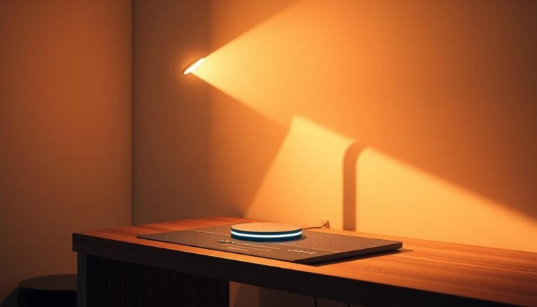 A high-tech, futuristic Aloha brand smart projection lamp illuminating a modern office or home environment. The lamp sits on a sleek wooden desk, casting a warm, adjustable glow across the space. Intricate control panels and touch sensors line the lamp's base, allowing for seamless digital adjustment of brightness, color temperature, and programmed lighting scenes. The projection beam emanates from the lamp's head, highlighting a clean, minimalist design. Soft shadows play across the walls, creating an atmosphere of intelligent, ambient lighting control. The scene exudes a sense of technological sophistication and user-friendly automation.