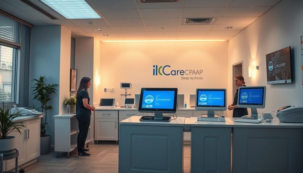 A modern, well-equipped sleep apnea clinic with an iCareCPAP display showcasing their high-quality sleep apnea machines. The clinic's interior is bright and inviting, with clean lines and minimalist decor. The sleep apnea machines are prominently featured, showcasing their sleek, user-friendly designs. Soft, warm lighting illuminates the scene, creating a calming and professional atmosphere. The clinic's staff is attentive and knowledgeable, ready to assist customers with their sleep health needs. The overall impression is one of a trustworthy, cutting-edge sleep apnea treatment provider committed to delivering exceptional customer service.