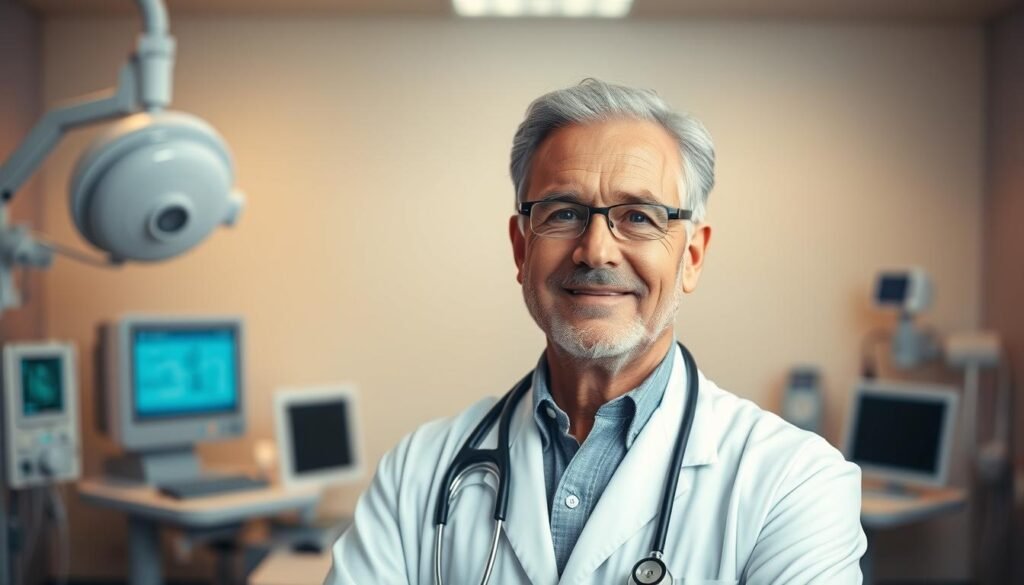 A professional, middle-aged expert in sleep apnea treatment using the iCareCPAP device, standing confidently in a well-lit medical office. The expert is dressed in a white lab coat, with a stethoscope and other medical instruments visible. The background features modern medical equipment and a calming, pastel color palette. The lighting is soft and diffused, creating a warm, approachable atmosphere. The expert's expression conveys expertise, empathy, and a dedication to improving the patient's sleep quality and overall health.