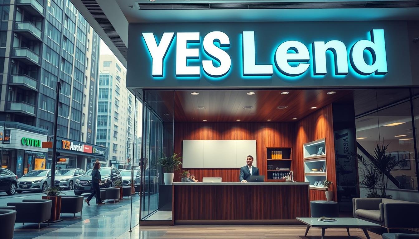 A professional service office in a bustling urban district, with a large sign displaying the company name "YESLend" in bold, modern typography. The interior is well-lit, with a clean, minimalist design featuring polished wood accents and sleek, contemporary furniture. A friendly, approachable customer service representative stands behind a reception desk, ready to assist clients with their financial needs. The overall atmosphere conveys a sense of trustworthiness, reliability, and a commitment to providing high-quality borrowing services to the local community.