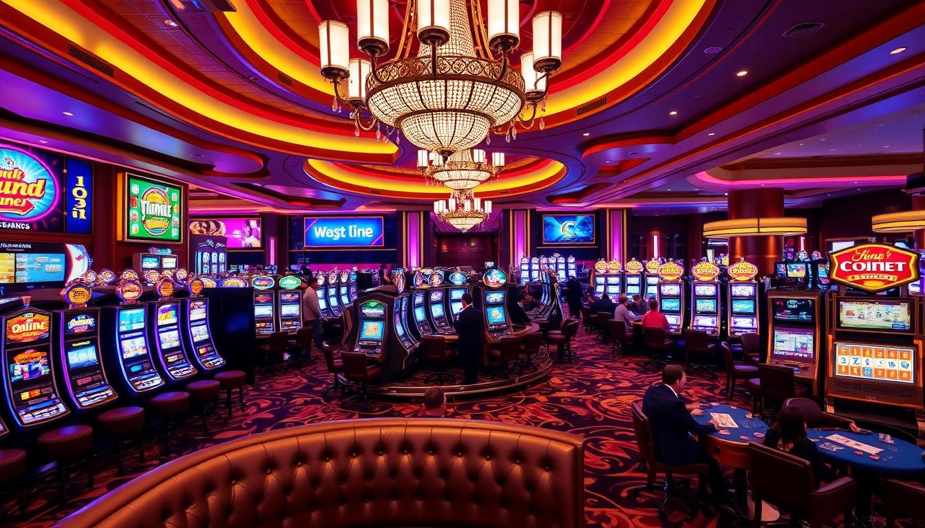 A vibrant casino interior showcasing the diverse gaming options at UTown Entertainment City. In the foreground, a grand chandelier casts a warm glow over a luxurious lounge area with plush leather seating. The middle ground reveals rows of sleek slot machines, their screens flashing with vibrant graphics. In the background, gaming tables are surrounded by smartly dressed patrons, engaged in intense rounds of blackjack, roulette, and poker. The atmosphere exudes an air of sophistication and excitement, inviting players to immerse themselves in the thrilling world of UTown's comprehensive gaming experiences.
