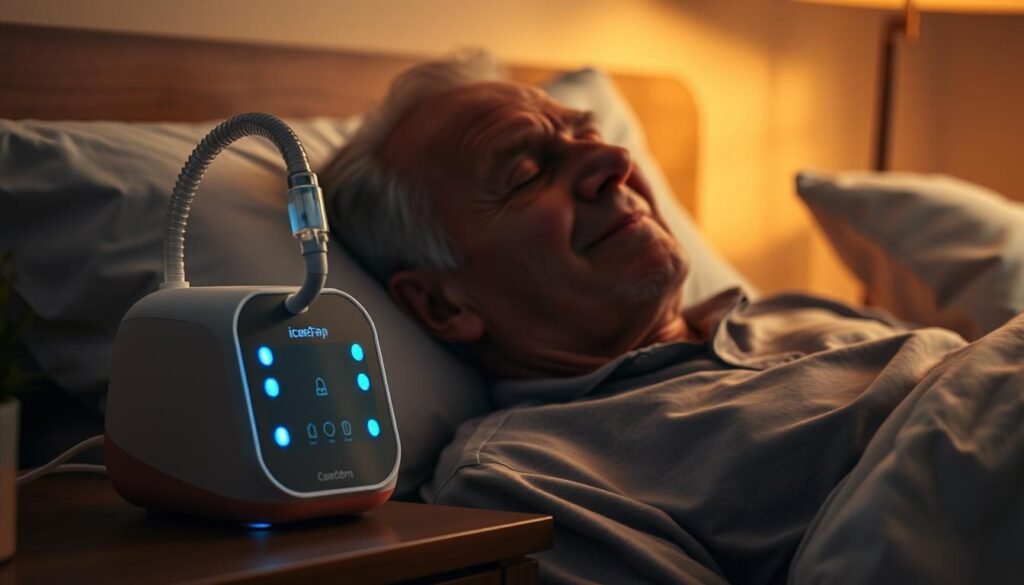 A well-lit, high-resolution image of an elderly person comfortably resting while using a modern iCareCPAP sleep apnea machine. The device sits on a bedside table, its sleek design and soft blue LED indicators creating a calming, therapeutic atmosphere. The patient's face is relaxed, their breathing steady and effortless, conveying the positive impact the machine has had on their respiratory health. The room is cozy, with warm lighting and muted, natural tones, suggesting a peaceful, restorative environment. The composition focuses on the interaction between the person and the device, highlighting the machine's role in improving the patient's quality of life.