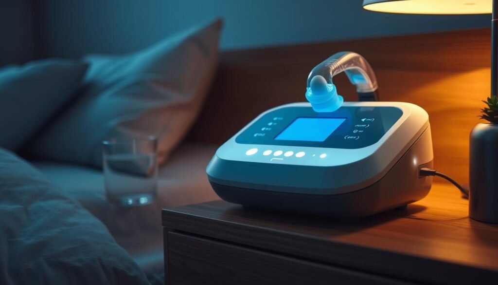 A well-maintained and carefully used iCareCPAP sleep apnea machine resting on a clean, wooden nightstand in a cozy, dimly lit bedroom. The machine's sleek, modern design and soft blue LED lights create a soothing atmosphere, reflecting the successful integration of this medical device into the user's daily life. The bedside table is adorned with a glass of water and a small, potted plant, conveying a sense of comfort and relaxation. Warm, indirect lighting from a hidden source casts a gentle glow, highlighting the machine's smooth, polished surface and the tranquil, restful ambiance of the scene.