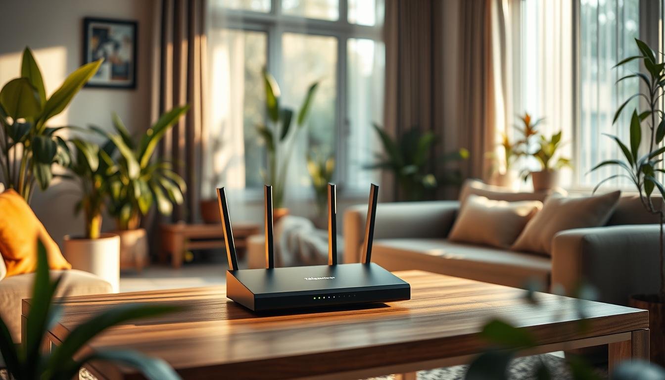 A cozy living room filled with the latest home network equipment, showcasing the Telecombrother brand. A sleek router and modem stand prominently on a minimalist wooden table, surrounded by lush indoor plants and warm natural lighting filtering through large windows. The room exudes a sense of technological sophistication and domestic comfort, inviting the viewer to imagine the effortless high-speed internet experience within. The scene captures the essence of "1000M is the new household standard? A home broadband comparison to help you choose the best internet speed".