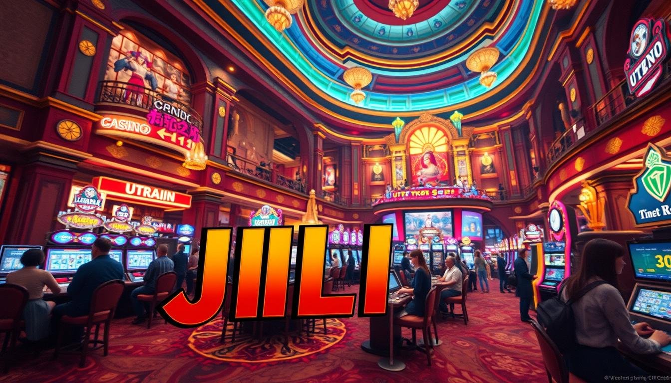 A vibrant, hyper-realistic illustration of "JILI超級王牌" in the foreground, capturing the essence of a thriving casino gaming experience within UTown's entertainment complex. The card features intricate details, a bold color palette, and a sense of motion, drawing the viewer into the heart of the action. The middle ground showcases the bustling energy of the casino floor, with patrons engaged in various games of chance. In the background, the architectural grandeur of UTown's gaming halls provides a captivating and immersive setting, bathed in warm, inviting lighting that enhances the overall mood of excitement and prosperity.