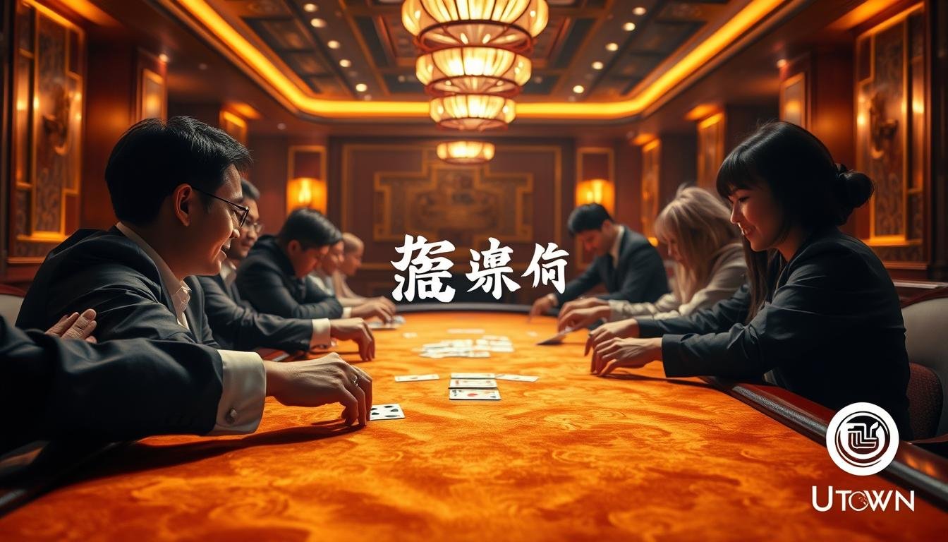 A visually striking and immersive scene of a high-stakes game of "視訊百家樂" unfolds before the viewer. The table is bathed in a warm, golden glow, with lush, detailed velvet cloth covering its surface. Sleek, polished wooden accents and elegant lighting fixtures create an atmosphere of luxury and sophistication. In the foreground, the dealer's hands gracefully deal the cards, their movements captured with precision. Surrounding the table, the players lean in, their faces alight with anticipation and concentration. The scene is further enhanced by the inclusion of the UTown logo, subtly integrated into the overall design. This captivating image perfectly captures the essence of the "視訊百家樂" experience, inviting the viewer to delve into the thrilling world of this popular casino game.