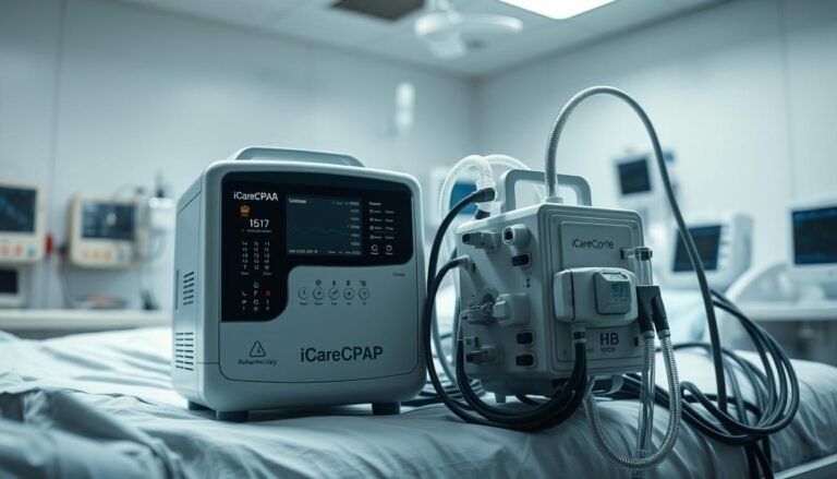 A well-lit, detailed medical scene featuring a sleep apnea machine and a ventilator side by side on a hospital bed. The iCareCPAP sleep apnea machine has a sleek, modern design with various controls and indicators. The ventilator has a sturdy, industrial appearance with multiple hoses and interfaces. In the background, a clean, minimalist medical environment with medical equipment and monitors. The overall mood is one of advanced, state-of-the-art medical technology used in rehabilitation therapy.