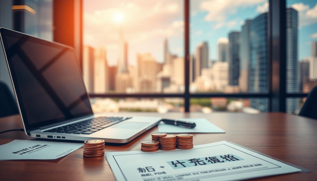 An office desk with a laptop, pen, and papers, illuminated by warm, diffused lighting. In the background, a cityscape with high-rise buildings and a blue sky, conveying an urban, professional atmosphere. The foreground features a stack of coins and a financial document labeled "民間小額貸款", highlighting the focus on small-scale lending. The overall scene suggests the concept of obtaining financial assistance through accessible, community-based lending options.