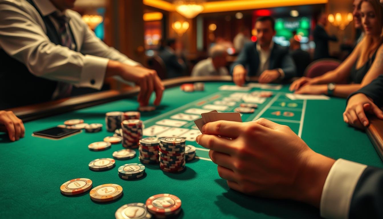 A serene casino table bathed in warm lighting, the green felt surface crisp and inviting. On the tabletop, casino chips in various denominations are neatly arranged, their colors and patterns hinting at the strategies and mathematics behind the game of Baccarat. The dealer's hands deftly shuffle and deal the cards, the players' faces a study in concentration as they study the unfolding hands. The scene exudes an atmosphere of quiet contemplation, underscoring the importance of understanding the fundamental rules and mechanics of this classic casino game.