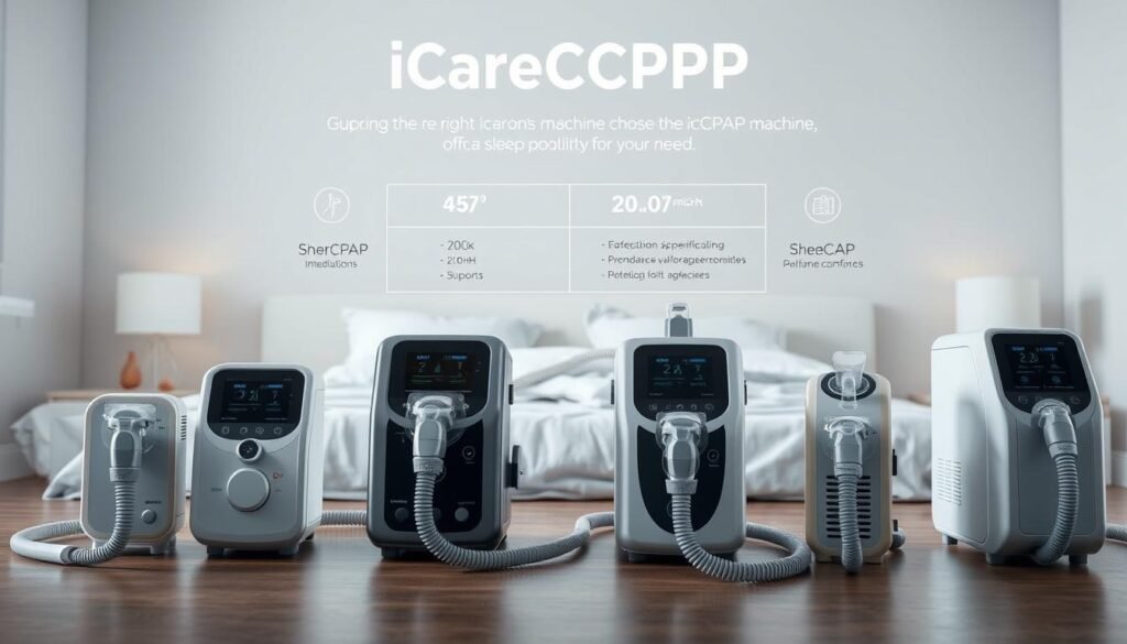 A well-lit and detailed comparison of several iCareCPAP sleep apnea machine models, showcasing their distinctive designs and features. The foreground focuses on the devices themselves, presented from an angle that highlights their controls, displays, and air hose connections. The middle ground includes technical specifications and performance metrics to aid in model selection. The background depicts a serene, minimalist bedroom setting, conveying the importance of sleep quality and comfort. The overall mood is informative yet calming, guiding the viewer through the process of choosing the right iCareCPAP machine for their needs.