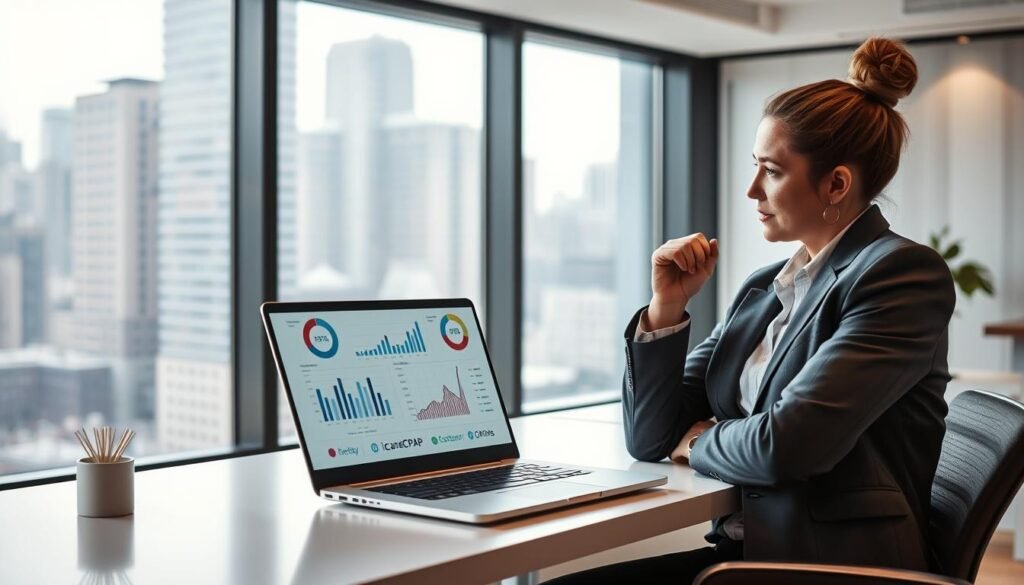 A professional and modern office environment with clean, minimalist design. On a sleek desk, an iCareCPAP logo-emblazoned laptop displays charts and graphs illustrating customer satisfaction metrics. In the foreground, a person in a smart casual outfit thoughtfully reviews the data, their face expressing a sense of purpose and determination. The lighting is soft and indirect, creating a calm, focused atmosphere. The background features large windows overlooking a bustling cityscape, symbolizing the company's connection to its customers and the broader market. An overall tone of innovation, efficiency, and a commitment to delivering exceptional service.