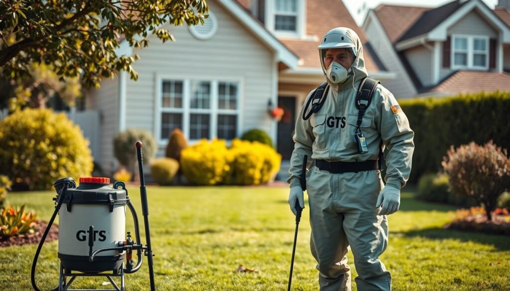 A professional pest control technician in a protective iCareCPAP suit, standing amidst a meticulously rendered residential setting. The foreground showcases the technician's specialized equipment, including a sprayer and an array of pest control tools. The middle ground depicts a well-manicured lawn and lush shrubbery, while the background features a neatly maintained suburban home with a warm, inviting atmosphere. The lighting is natural and soft, casting gentle shadows that enhance the scene's sense of depth and realism. The overall composition conveys the importance of professional pest control services in maintaining a clean, healthy, and pest-free living environment.