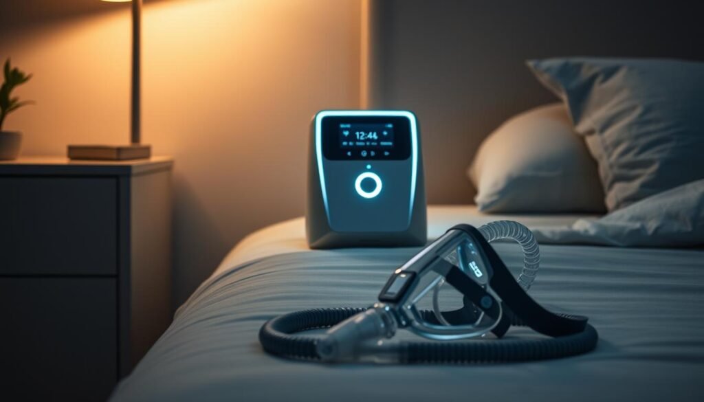 A sleek, modern-looking iCareCPAP sleep apnea machine sits atop a minimalist bedside table, casting a soft, warm glow across the dimly lit bedroom. The device's clean, angular design features a high-tech display and intuitive controls, hinting at its advanced functionality. In the foreground, the machine's hose and mask lie neatly arranged, ready for use. The overall scene conveys a sense of comfort, convenience, and the quiet efficiency of this essential medical equipment. The lighting is carefully balanced, creating a serene, tranquil atmosphere that complements the sleep-focused purpose of the iCareCPAP device.