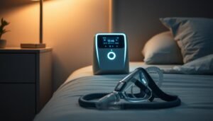 A sleek, modern-looking iCareCPAP sleep apnea machine sits atop a minimalist bedside table, casting a soft, warm glow across the dimly lit bedroom. The device's clean, angular design features a high-tech display and intuitive controls, hinting at its advanced functionality. In the foreground, the machine's hose and mask lie neatly arranged, ready for use. The overall scene conveys a sense of comfort, convenience, and the quiet efficiency of this essential medical equipment. The lighting is carefully balanced, creating a serene, tranquil atmosphere that complements the sleep-focused purpose of the iCareCPAP device.