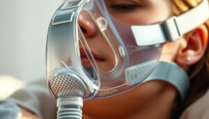 A close-up view of a sleek, innovative iCPAP mask designed for maximum breathability. The mask features a minimalist, ergonomic shape with a transparent, silicone-based material that allows for unobstructed airflow. Intricate perforations and a contoured fit ensure a comfortable, customizable seal around the nose and mouth. Soft, adjustable straps provide a secure yet gentle hold. Bathed in a warm, diffused lighting, the mask appears modern, high-quality, and tailored for a relaxed, restorative sleep experience.