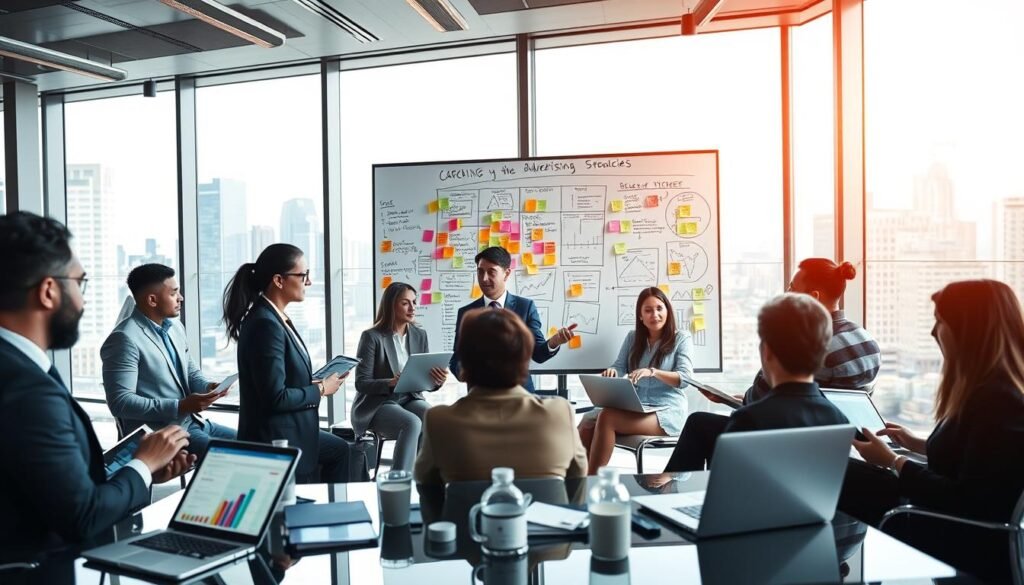 A modern and sophisticated office setting showcasing a collaborative atmosphere for advertising strategy discussions. In the foreground, a diverse group of professionals in business attire are analyzing digital marketing data on laptops and tablets, with graphs and charts illuminated on their screens. The middle ground features a large, interactive whiteboard filled with colorful post-it notes and strategic diagrams outlining key advertising practices and timelines. In the background, large windows reveal a bustling cityscape, allowing natural light to flood the room, creating a bright and optimistic mood. The focal point captures the interaction and engagement among the team members, emphasizing teamwork and innovation in high-ticket product advertising strategies. The scene is well-composed using a wide-angle lens to capture the depth of the room and highlight the collaborative spirit.