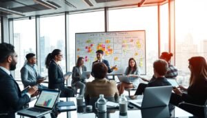 A modern and sophisticated office setting showcasing a collaborative atmosphere for advertising strategy discussions. In the foreground, a diverse group of professionals in business attire are analyzing digital marketing data on laptops and tablets, with graphs and charts illuminated on their screens. The middle ground features a large, interactive whiteboard filled with colorful post-it notes and strategic diagrams outlining key advertising practices and timelines. In the background, large windows reveal a bustling cityscape, allowing natural light to flood the room, creating a bright and optimistic mood. The focal point captures the interaction and engagement among the team members, emphasizing teamwork and innovation in high-ticket product advertising strategies. The scene is well-composed using a wide-angle lens to capture the depth of the room and highlight the collaborative spirit.