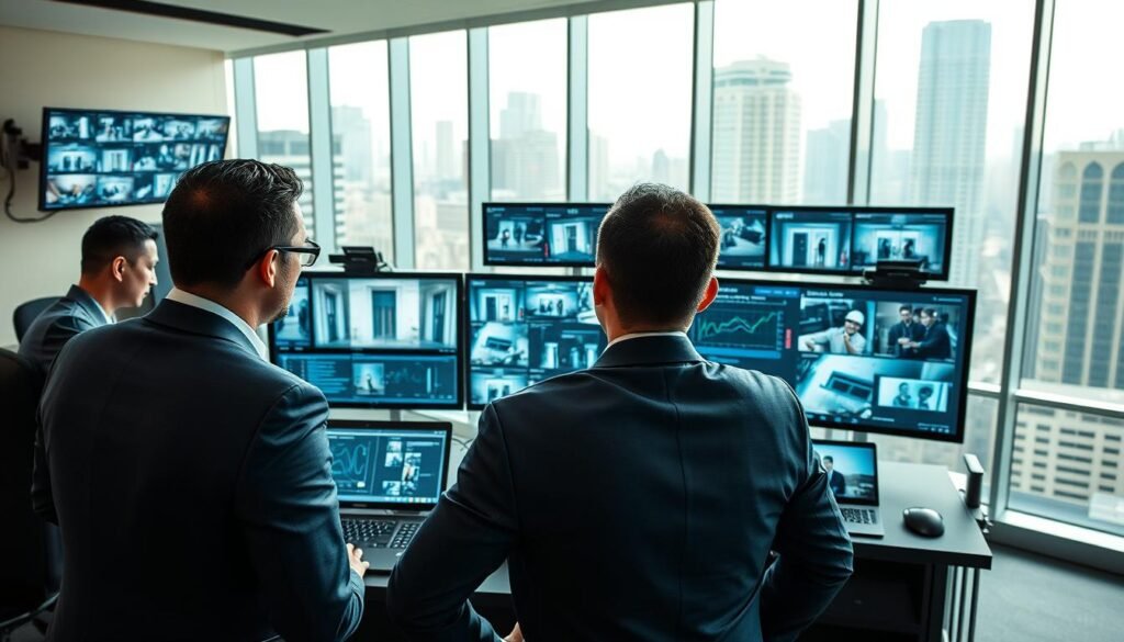 A modern, high-tech security monitoring system in an urban environment, emphasizing the HKSSC logo on a sleek control panel. In the foreground, a diverse team of three professionals, dressed in smart business attire, intensely focuses on multiple surveillance screens displaying real-time images of various entrances in a commercial building. In the middle, high-definition monitors and digital interfaces are filled with graphs and live footage, showcasing advanced detection features. The background consists of a contemporary office space with large windows revealing a bustling cityscape under soft, natural daylight. The atmosphere is serious yet innovative, highlighting technological sophistication and reliability in security management. The overall composition should exude professionalism and cutting-edge technology.