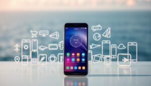 A modern smartphone surrounded by various mobile device icons, showcasing compatibility with OceanEsim services. In the foreground, a sleek, high-end smartphone with a vibrant display highlighting the OceanEsim app interface. The middle ground features a collection of popular smartphone brands and models, arranged aesthetically with glowing outlines. The background consists of a soft-focus ocean landscape, symbolizing travel and connectivity. The lighting is bright and inviting, creating a professional atmosphere with a balance of technological and maritime elements. A shallow depth of field emphasizes the smartphone in front, while maintaining a serene, tech-savvy environment. Aim for a crisp, clean look to convey the compatibility theme effectively.