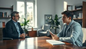 A serene doctor’s office setting, featuring a professional psychiatrist assessing a patient’s anxiety. In the foreground, the doctor, a middle-aged individual in smart casual attire, is sitting across a polished wooden table, holding a notepad and pen, thoughtfully observing the patient. The patient, a young adult dressed in modest clothing, appears concerned yet open, revealing subtle signs of anxiety. In the middle ground, a large window lets in soft, natural light, casting gentle shadows across the room. Background elements include shelves filled with books on psychology, a soothing plant in the corner, and a comfortable armchair. The overall atmosphere is calm yet focused, conveying an environment of trust and professionalism. Soft, warm lighting enhances the mood, emphasizing the importance of empathy in mental health assessments.