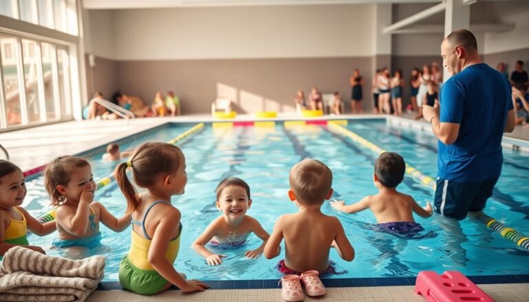 A vibrant and engaging scene depicting the importance and advantages of swimming training for children. In the foreground, a group of enthusiastic children, wearing modest swim attire, are engaged in a fun training session with a qualified coach, demonstrating proper techniques. In the middle ground, there are colorful swimming lanes and a bright, inviting swimming pool environment, with fluffy towels and swimming equipment scattered around. The background features spectators — parents and other children, clapping and cheering, adding to the atmosphere of excitement and support. Soft natural lighting streams in from large windows, creating a warm and inspiring mood. The scene captures joy, teamwork, and the benefits of learning swimming skills in a safe and supportive environment.