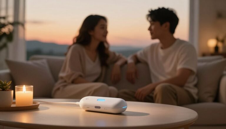 A cozy and intimate scene depicting the psychological impact of a vibrating device on mental well-being. In the foreground, a thoughtfully designed sleek device sits on a soft, plush surface, surrounded by warm ambient lighting. In the middle, a couple in modest casual clothing are seen enjoying a warm conversation, their expressions relaxed and connected, reflecting a sense of comfort and trust. The background features a softly blurred, romantic setting—perhaps a tastefully decorated living room or a serene outdoor space at sunset, fostering a mood of relaxation and connection. The image is captured in a cinematic style with a 4:3 aspect ratio, focusing on warm tones to evoke feelings of intimacy and emotional well-being.