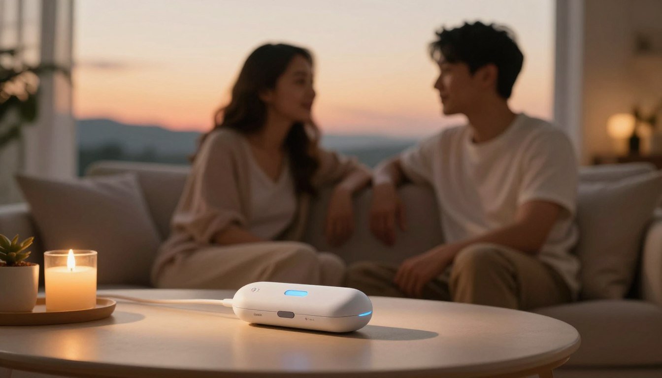 A cozy and intimate scene depicting the psychological impact of a vibrating device on mental well-being. In the foreground, a thoughtfully designed sleek device sits on a soft, plush surface, surrounded by warm ambient lighting. In the middle, a couple in modest casual clothing are seen enjoying a warm conversation, their expressions relaxed and connected, reflecting a sense of comfort and trust. The background features a softly blurred, romantic setting—perhaps a tastefully decorated living room or a serene outdoor space at sunset, fostering a mood of relaxation and connection. The image is captured in a cinematic style with a 4:3 aspect ratio, focusing on warm tones to evoke feelings of intimacy and emotional well-being.
