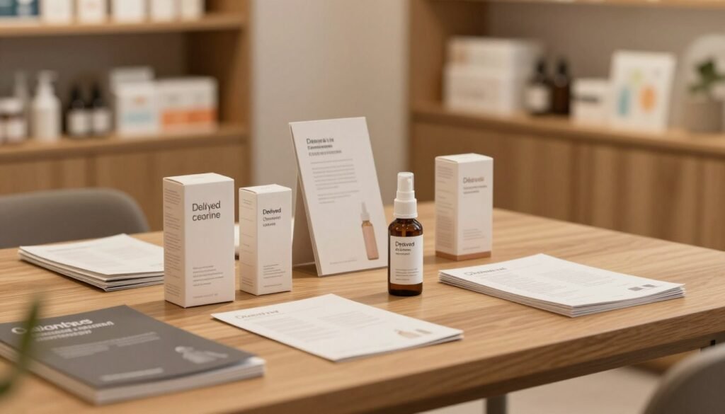 A stylish and modern display of delayed spray and premature ejaculation treatment products on a sleek wooden table. In the foreground, an elegant bottle of spray stands prominently, surrounded by minimalistic packaging designs emphasizing confidence and well-being. The middle ground features a tasteful arrangement of brochures and informational pamphlets, all muted in color to create a soothing atmosphere. In the background, softly blurred shelves filled with related health and wellness products set a professional tone. The lighting is warm and inviting, casting gentle shadows, creating a cozy and intimate mood perfect for the subject. An inviting, open space with a harmonious color palette enhances the overall cinematic vibe. The composition should be captured from a slightly elevated angle, showcasing the arrangement without any distractions, ensuring a clear focus on the products.
