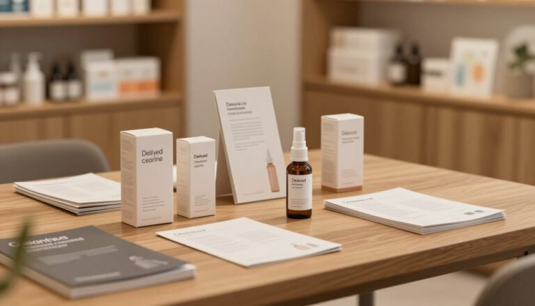 A stylish and modern display of delayed spray and premature ejaculation treatment products on a sleek wooden table. In the foreground, an elegant bottle of spray stands prominently, surrounded by minimalistic packaging designs emphasizing confidence and well-being. The middle ground features a tasteful arrangement of brochures and informational pamphlets, all muted in color to create a soothing atmosphere. In the background, softly blurred shelves filled with related health and wellness products set a professional tone. The lighting is warm and inviting, casting gentle shadows, creating a cozy and intimate mood perfect for the subject. An inviting, open space with a harmonious color palette enhances the overall cinematic vibe. The composition should be captured from a slightly elevated angle, showcasing the arrangement without any distractions, ensuring a clear focus on the products.