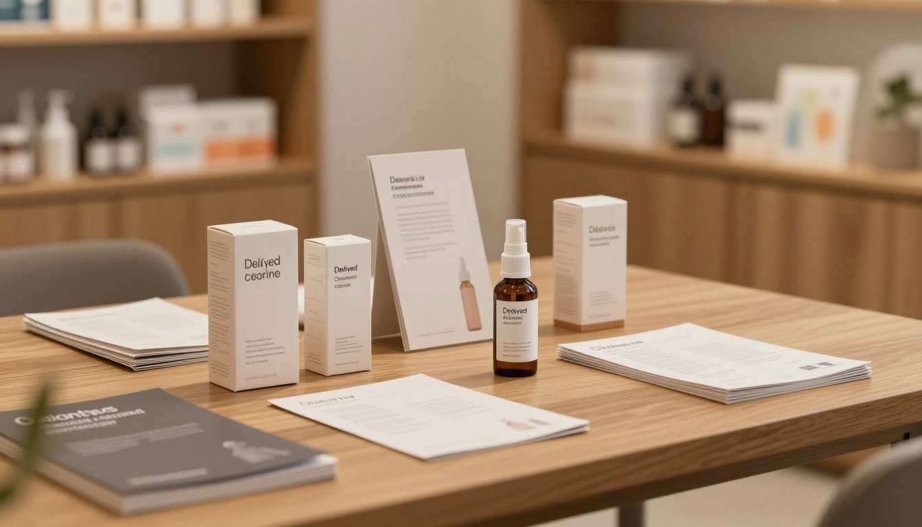 A stylish and modern display of delayed spray and premature ejaculation treatment products on a sleek wooden table. In the foreground, an elegant bottle of spray stands prominently, surrounded by minimalistic packaging designs emphasizing confidence and well-being. The middle ground features a tasteful arrangement of brochures and informational pamphlets, all muted in color to create a soothing atmosphere. In the background, softly blurred shelves filled with related health and wellness products set a professional tone. The lighting is warm and inviting, casting gentle shadows, creating a cozy and intimate mood perfect for the subject. An inviting, open space with a harmonious color palette enhances the overall cinematic vibe. The composition should be captured from a slightly elevated angle, showcasing the arrangement without any distractions, ensuring a clear focus on the products.