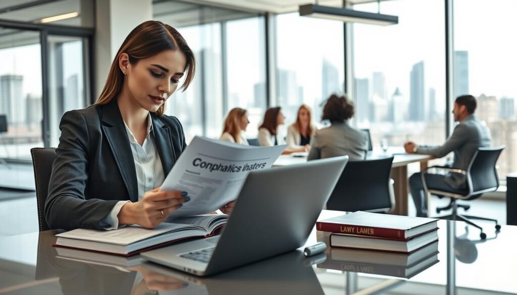 A professional office environment illustrating the importance of corporate compliance management and the role of a company secretary. In the foreground, a confident businesswoman in professional attire reviews a compliance document at a sleek desk with a laptop and legal books. In the middle, a well-organized meeting room is visible, with diverse team members engaged in discussion around a large table, showcasing collaborative efforts. The background features a modern city skyline view through large windows, symbolizing corporate ambition. The lighting is bright and focused, creating a mood of professionalism and dedication. The camera angle captures both the seriousness of the compliance work and the teamwork involved, emphasizing the integral role of professional secretarial services in efficient operations.