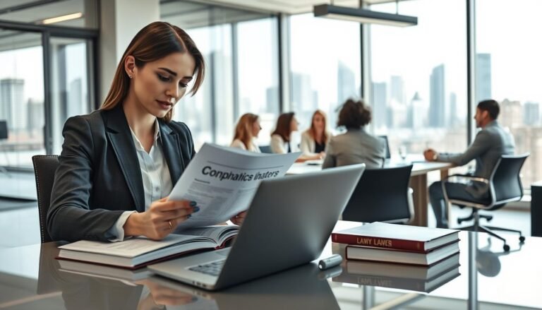 A professional office environment illustrating the importance of corporate compliance management and the role of a company secretary. In the foreground, a confident businesswoman in professional attire reviews a compliance document at a sleek desk with a laptop and legal books. In the middle, a well-organized meeting room is visible, with diverse team members engaged in discussion around a large table, showcasing collaborative efforts. The background features a modern city skyline view through large windows, symbolizing corporate ambition. The lighting is bright and focused, creating a mood of professionalism and dedication. The camera angle captures both the seriousness of the compliance work and the teamwork involved, emphasizing the integral role of professional secretarial services in efficient operations.