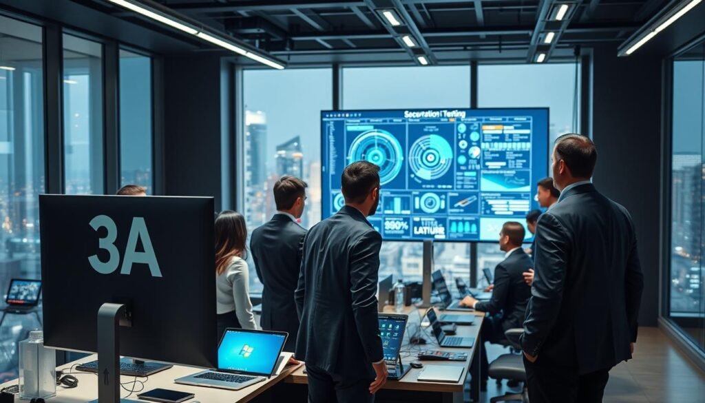 A modern cybersecurity office setting, showcasing the brand "3A" on a sleek monitor. In the foreground, a team of diverse IT professionals in professional business attire engages in a collaborative discussion around a large digital screen displaying intricate diagrams of penetration testing results. The middle ground features an organized workspace with laptops, servers, and cybersecurity tools, emphasizing the technical environment. In the background, floor-to-ceiling windows reveal a vibrant cityscape, symbolizing innovation and digital advancement. The lighting is bright and focused, creating a sense of urgency and importance. The atmosphere is serious yet optimistic, reflecting the commitment to securing potential vulnerabilities through regular penetration testing.