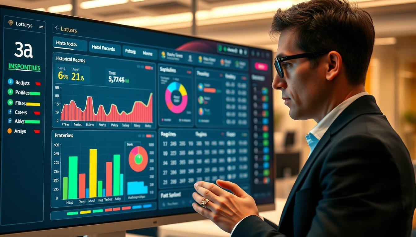 A modern data analysis tool interface displaying "3A" lottery draw statistics and historical records. In the foreground, a sleek, futuristic dashboard features colorful graphs, pie charts, and numerical data visualizations, showcasing trends and patterns from past draws. The middle layer includes a dynamic interface that highlights key analytical features, like filter options and comparison tools, all set against a background of soft, blurred office settings with warm lighting. A professional person in business attire is focused on the screen, analyzing the data intently. The mood is analytical and insightful, with an emphasis on technology and data interpretation, perfect for a subject about exploring lottery statistics. The scene is brightly lit, shot from a slightly elevated angle to capture both the interface and the user's expressions.