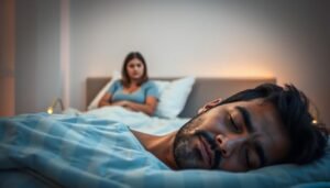 A serene bedroom scene showcasing a couple in a calming environment. In the foreground, a man peacefully sleeping on his side, appearing relaxed yet showing slight signs of discomfort due to snoring, symbolized by soft, wavy lines above his head. In the middle ground, a concerned woman sitting up in bed, looking contemplative and slightly frustrated, representing the impact of snoring on her quality of life. The background features a softly lit room with gentle colors, emphasizing tranquility, yet with a hint of tension. The scene is illuminated with warm, ambient light to create a cozy atmosphere, shot from a slightly elevated angle to capture both characters' expressions and their surroundings effectively.