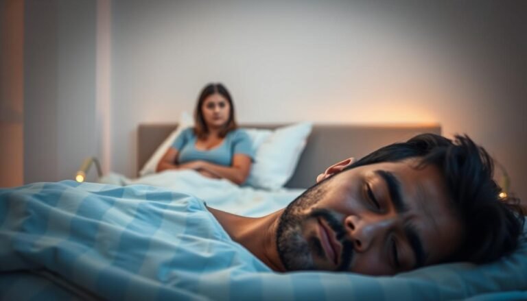 A serene bedroom scene showcasing a couple in a calming environment. In the foreground, a man peacefully sleeping on his side, appearing relaxed yet showing slight signs of discomfort due to snoring, symbolized by soft, wavy lines above his head. In the middle ground, a concerned woman sitting up in bed, looking contemplative and slightly frustrated, representing the impact of snoring on her quality of life. The background features a softly lit room with gentle colors, emphasizing tranquility, yet with a hint of tension. The scene is illuminated with warm, ambient light to create a cozy atmosphere, shot from a slightly elevated angle to capture both characters' expressions and their surroundings effectively.