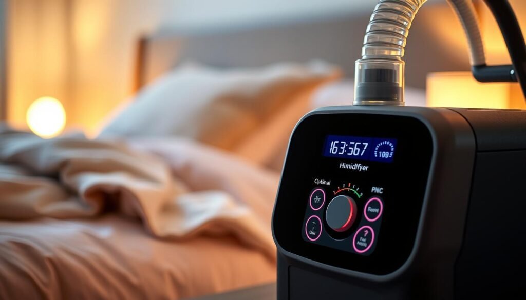 An informative and visually appealing scene depicting a sleep apnea machine, prominently featuring its humidifier control. The foreground showcases a sleek, modern device with illuminated digital controls displaying optimal humidity settings, emphasizing details like buttons and a humidity gauge. In the middle ground, a serene bedside setup includes a cozy pillow and soft blanket, enhancing the atmosphere of restful sleep. The background features a softly lit room with calming colors, perhaps a gentle night light, creating a tranquil ambiance. Use warm, inviting lighting to enhance the comfort of the scene while ensuring a focus on the machine's features. The angle should be slightly elevated, allowing viewers to see the machine and its controls clearly without any distractions from the surrounding environment.