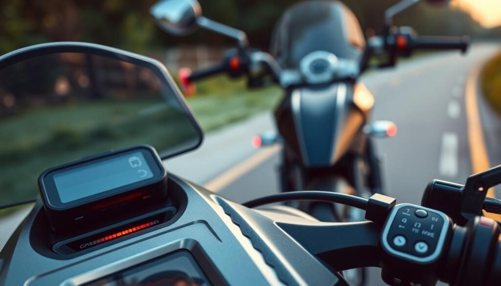 A close-up of a motorcycle dashboard featuring a high-tech riding data recorder, with a prominent low voltage protection indicator glowing subtly. The foreground highlights the sleek design of the device, emphasizing its functionality with detailed buttons and an intuitive display. In the middle ground, a well-maintained motorcycle is parked, showcasing its modern features, with soft ambient lighting reflecting off its metallic surfaces. In the background, a serene outdoor environment hints at a safe riding path, softly blurred to draw focus to the device. The overall atmosphere conveys a sense of reliability and safety, ideal for ensuring uninterrupted recording while riding. Use soft yet clear lighting to enhance the technical details and focus on the importance of low voltage protection in motorcycle data recorders.