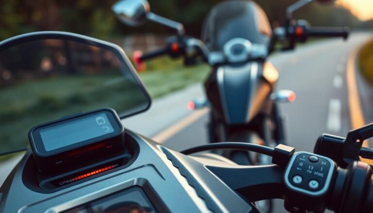 A close-up of a motorcycle dashboard featuring a high-tech riding data recorder, with a prominent low voltage protection indicator glowing subtly. The foreground highlights the sleek design of the device, emphasizing its functionality with detailed buttons and an intuitive display. In the middle ground, a well-maintained motorcycle is parked, showcasing its modern features, with soft ambient lighting reflecting off its metallic surfaces. In the background, a serene outdoor environment hints at a safe riding path, softly blurred to draw focus to the device. The overall atmosphere conveys a sense of reliability and safety, ideal for ensuring uninterrupted recording while riding. Use soft yet clear lighting to enhance the technical details and focus on the importance of low voltage protection in motorcycle data recorders.