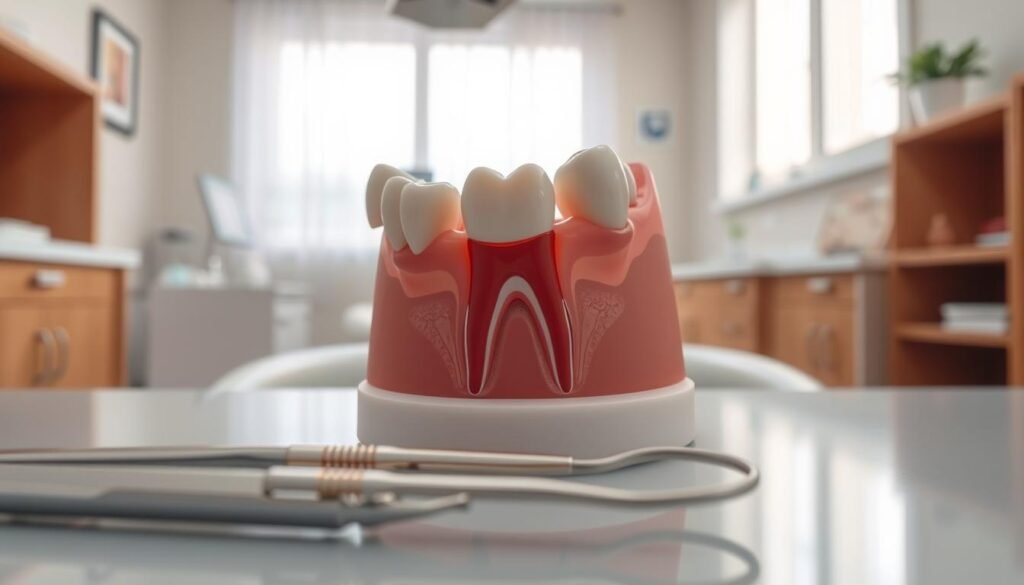A detailed and informative illustration of the process of managing wisdom teeth emerging from gums. In the foreground, depict a close-up view of a pair of dental tools meticulously arranged on a clean surface, hinting at a dental examination. The middle ground features a model of a human jaw showcasing an impacted wisdom tooth, highlighting gum tissue, with slight swelling and the tooth partially breaking through. The background should be a softly lit dental office with calming colors, enhancing the tranquility of the setting. Use natural lighting to create an inviting atmosphere, emphasizing the importance of dental care. The overall mood should be reassuring and educational, focusing on the action of managing wisdom teeth during their emergence.